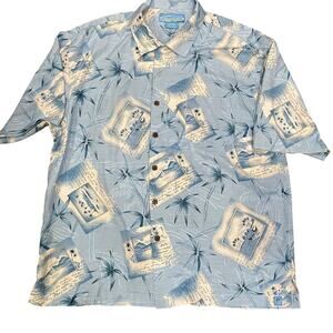 Bermuda Bay Hawaiian Camp Shirt Size XXL  Postcard Print Coconut Buttons Silk